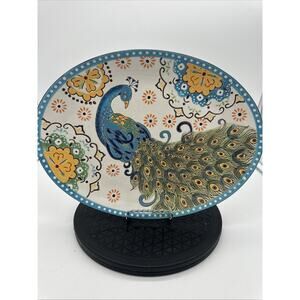 Artistic Accents Embossed Peacock Flowers Oval Platter Hand Painted EUC